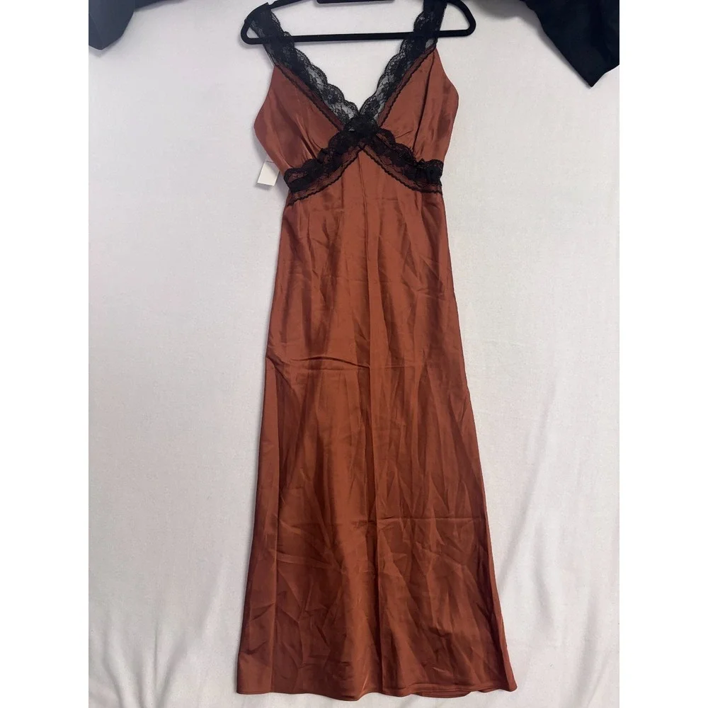 NWT Abercrombie & Fitch S Maxi Slip Dress Brown Lace Trim Satin Dark Romance